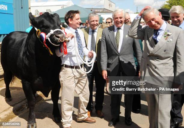 The Prince of Wales shares a joke with Tom Beadle from Surrey holding champion Aberdeen Angus bull "Jeronny", during his tour of the Royal Show at...