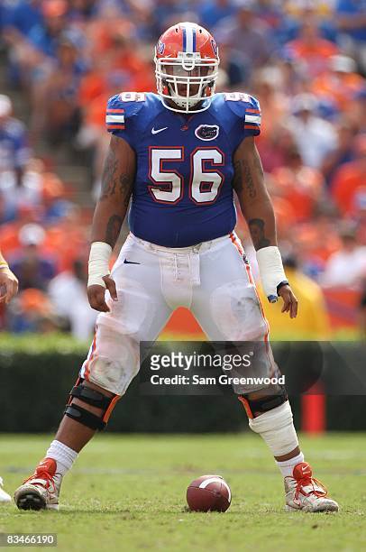 Maurkice Pouncey of the Florida Gators lines up in a game against the Kentucky Wildcats at Ben Hill Griffin Stadium on October 25, 2008 in...