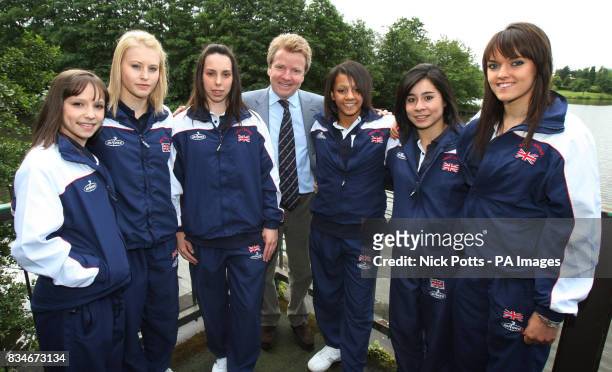 Chairman of the British Olympics Association Lord Moynihan poses with the women's British Olympic Gymnastics Team Hannah Whelan , Laura Jones, Beth...