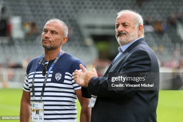 Jean Francois Fontenaud and Alain Tingaud, president of Agen during the pre-season match between Stade Rochelais and SU Agen on August 17, 2017 in La...