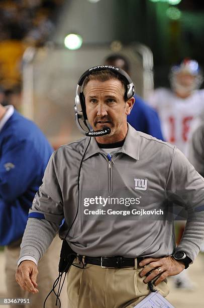 Defensive coordinator Steve Spagnuolo of the New York Giants looks on from the sideline during a game against the Pittsburgh Steelers at Heinz Field...