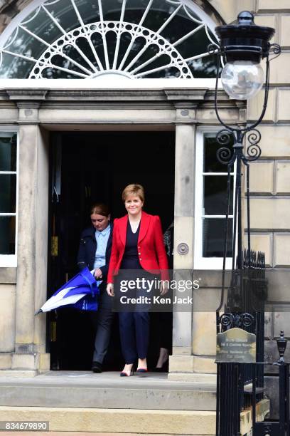 Scotland's First Minister Nicola Sturgeon leaves her official residence Bute House in Charlotte Square, to take part in a talk during the Edinburgh...