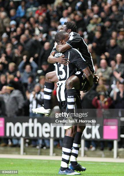 Obafemi Martins celebrates with Shola Ameobi after scoring the 2:0 goal during the Barclays Premier League match between Newcastle United and West...