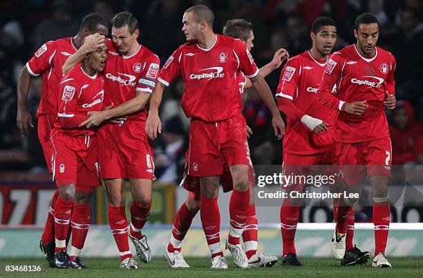 Ian Breckin of Nottingham Forest celebrates his goal with team mate Robert Earnshaw during the Coca-Cola Championship match between Crystal Palace...
