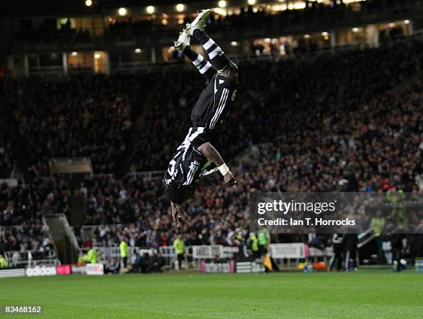 Obafemi Martins celebrates after scoring the 2:0 goal during the Barclays Premier League match between Newcastle United and West Bromwich Albion at...