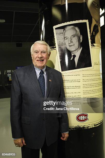 Dick Irvin Jr., stands next to the pillar honouring his father, the late Dick Irvin Sr., during the inveiling of the Head Coaches section in Builders...