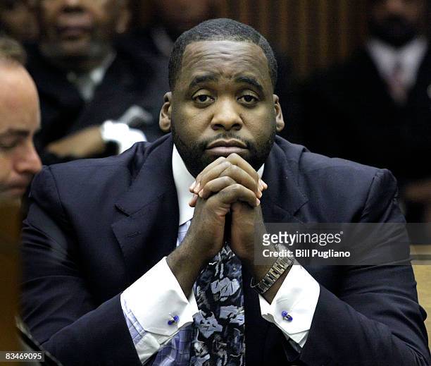 Former Detroit Mayor Kwame Kilpatrick appears in Wayne County Circuit Court for his sentencing October 28, 2008 in Detroit, Michigan. Kilpatrick will...
