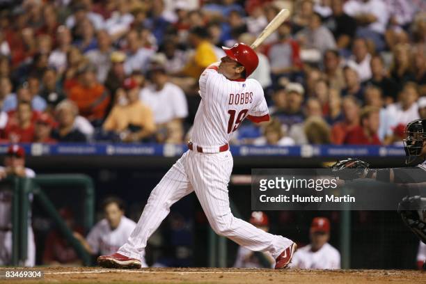 Third baseman Greg Dobbs of the Philadelphia Phillies swings at a pitch during a game against the Florida Marlins on September 9, 2008 at Citizens...