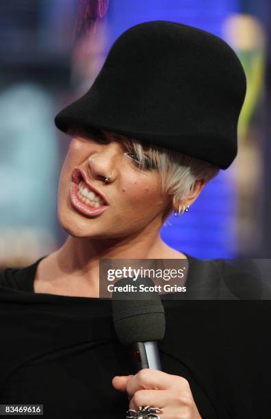 Singer Pink appears onstage during MTV's Total Request Live at the MTV Times Square Studios October 28, 2008 in New York City.