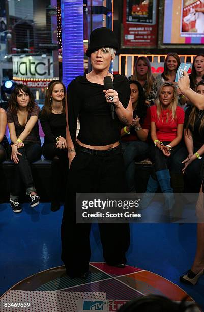 Singer Pink appears onstage during MTV's Total Request Live at the MTV Times Square Studios October 28, 2008 in New York City.