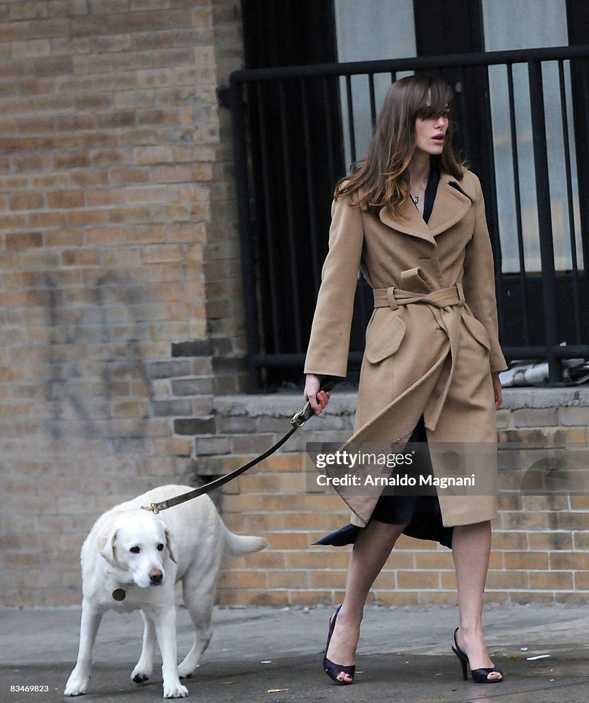 Actress Keira Knightley films on set for the movie