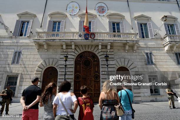 Spanish citizens on vacation in Rome bring flowers in front of the Spanish embassy in a sign of condolences to all the victims of the terrorist...