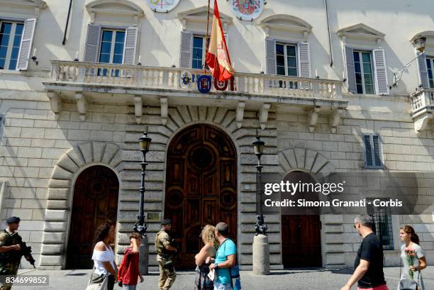 Spanish citizens on vacation in Rome bring flowers in front of the Spanish embassy in a sign of condolences to all the victims of the terrorist...