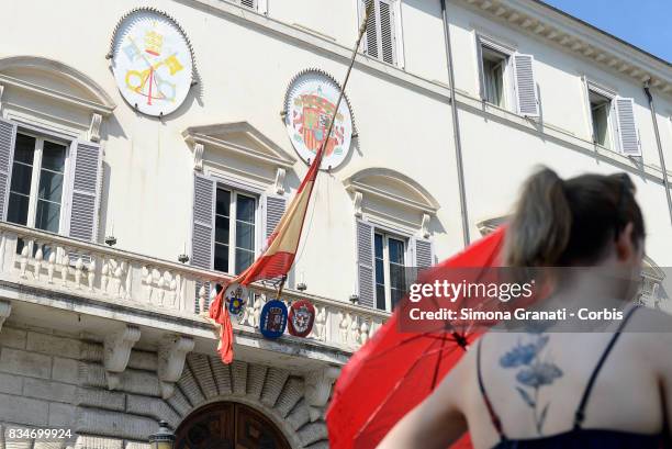 Flags at half mast in the Spanish embassy in Italy, as sign of mourning for the victims of the terrorist attacks in Barcelona, ,on August 18, 2017 in...