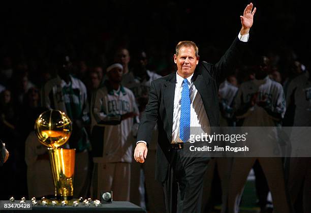 The Boston Celtics President Danny Ainge waves during the 2008 NBA World Championship ceremony before a game against the Cleveland Cavaliers at the...