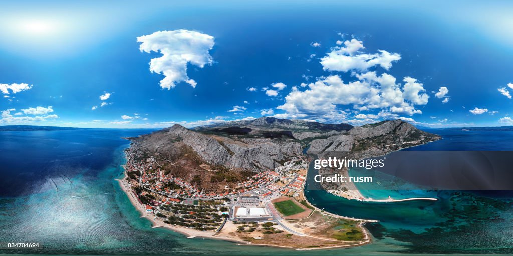360x180 degree spherical (equirectangular) aerial panorama of Omis resort, Dalmatian Coast, Croatia