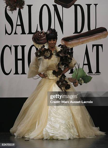 Anne-Gaelle Riccio displays a chocolate creation at the opening show of the 14th 'Salon du Chocolat' held at Porte de Versailles October 28, 2008 in...