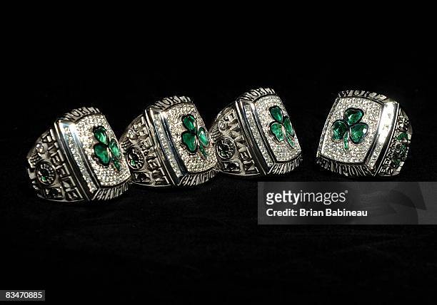 Paul Pierce, Kevin Garnett and Ray Allen's 2008 Championship rings before the game against the Cleveland Cavaliers on October 28, 2008 at the TD...