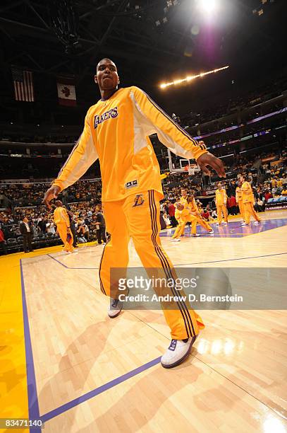 Andrew Bynum of the Los Angeles Lakers warms up before the home opener against the Portland Trail Blazers at Staples Center on October 28, 2008 in...