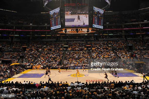 General view of the action during the season opener between the Portland Trail Blazers and the Los Angeles Lakers at Staples Center on October 28,...
