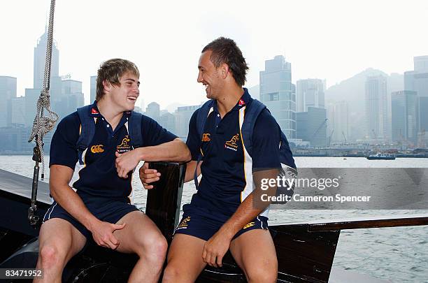 James O'Connor and Quade Cooper of the Wallabies relax onboard a junk on a cruise on Hong Kong Harbour during a training free day on October 29, 2008...