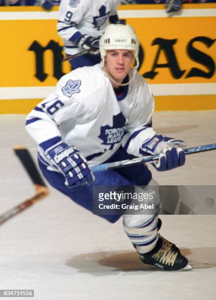 Darby Hendrickson of the Toronto Maple Leafs turns up ice against the Edmonton Oilers during NHL game action on December 23, 1995 at Maple Leaf...