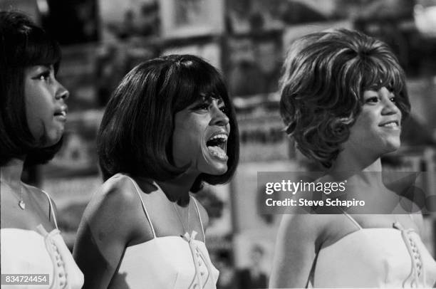 American Soul, Pop, and RnB group the Supremes perform on an episode of the television show 'Hullabaloo,' New York, New York, May 1965. Pictured are,...