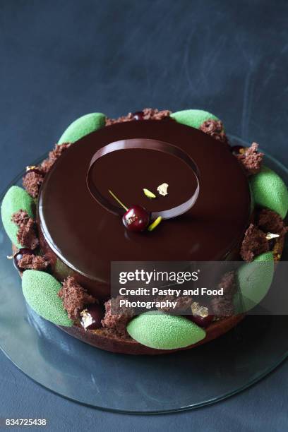 contemporary chocolate, cherry and pistachio layered mousse cake - glace pistache photos et images de collection