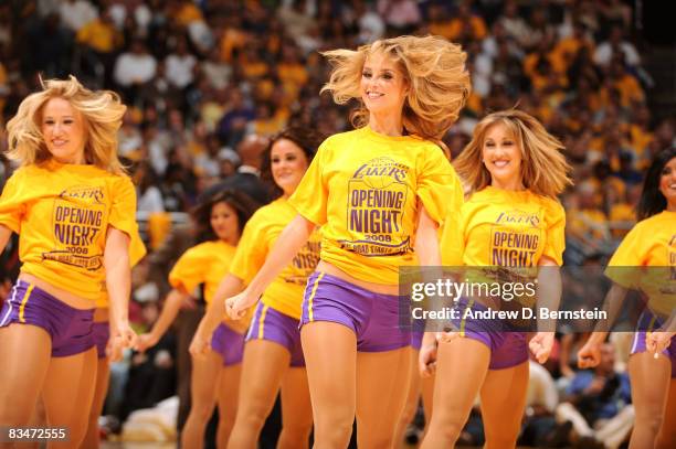 The Laker Girls perform during a break in the action of the game against the Portland Trailblazers at Staples Center on October 28, 2008 in Los...