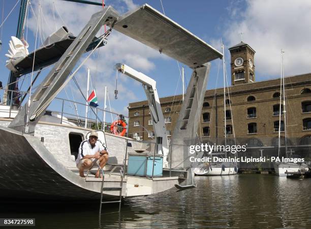 South African adventurer Mike Horn aboard his yacht 'Pangea' to promote his four year long expedition, at St Katharine's Dock, London.