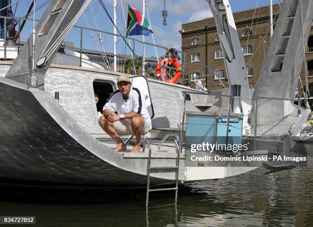 South African adventurer Mike Horn aboard his yacht 'Pangea' to promote his four year long expedition, at St Katharine's Dock, London.