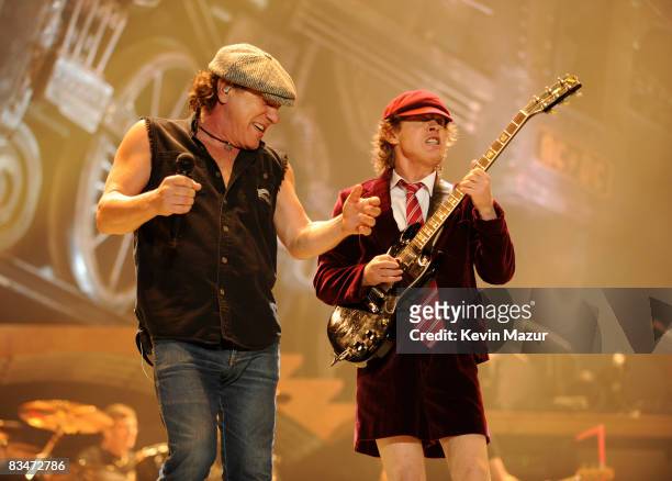 Singer Brian Johnson and Angus Young of AC/DC perform during their "Black Ice" Tour Opener on October 28, 2008 in Wilkes-Barre, Pennsylvania.