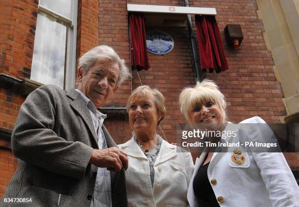 Alastair Sim's daughter Merlith McKendrick with Sir Ian McKellen and Barbara Windsor in Frognal Gardens, north London, after the unveiling of an...