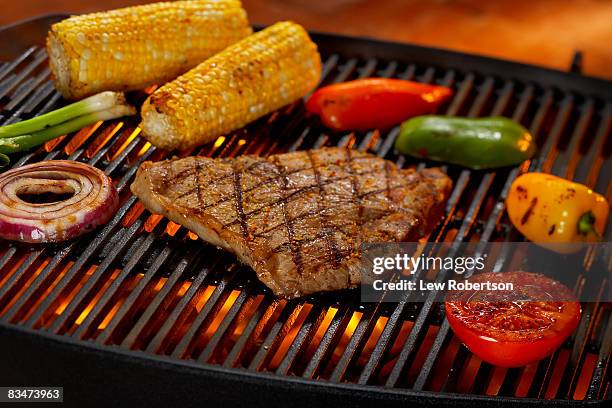 steak and vegetables on grill - grilled vegetables stock pictures, royalty-free photos & images