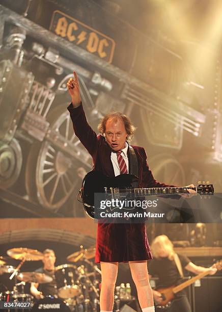 Angus Young of AC/DC performs during their "Black Ice" Tour Opener on October 28, 2008 in Wilkes-Barre, Pennsylvania.