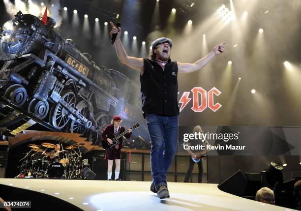 Singer Brian Johnson of AC/DC performs during their "Black Ice" Tour Opener on October 28, 2008 in Wilkes-Barre, Pennsylvania.