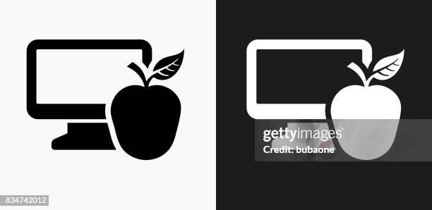 laptop and apple icon on black and white vector backgrounds - apple black background stock illustrations