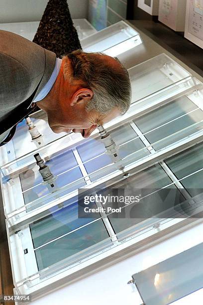 Prince Charles, Prince of Wales uses a microscope to examine a demonstration wafer thin solar panel, at the Sharp Corporation offices on October 29,...