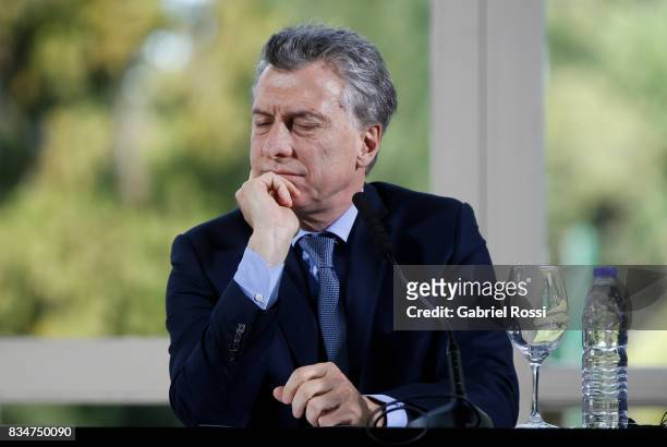 President of Argentina Mauricio Macri gestures during a press conference as part of the official visit of Jim Yong Kim President of The World Bank at...