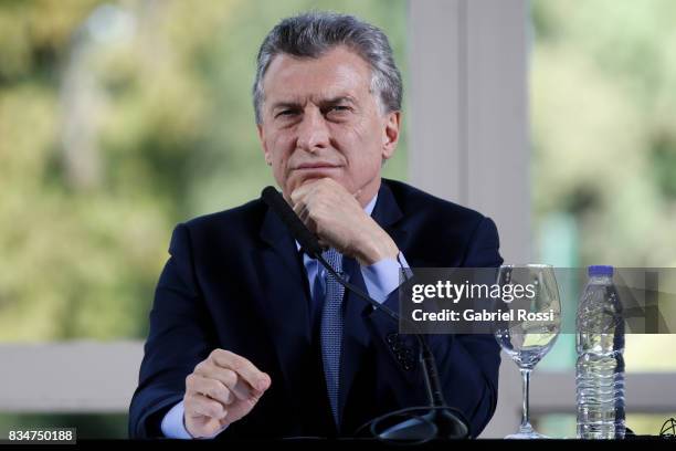 President of Argentina Mauricio Macri gestures during a press conference as part of the official visit of Jim Yong Kim President of The World Bank at...