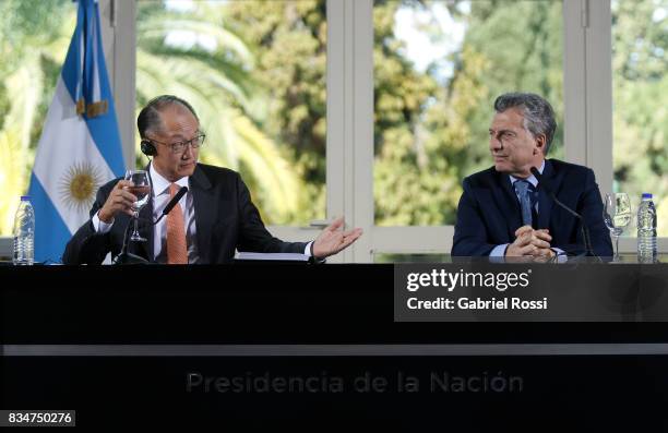 Jim Yong Kim President of The World Bank and President of Argentina Mauricio Macri looks on during a press conference as part of the official visit...