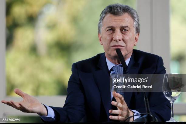 President of Argentina Mauricio Macri speaks during a press conference as part of the official visit of Jim Yong Kim President of The World Bank at...