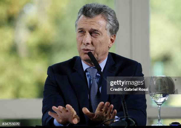 President of Argentina Mauricio Macri speaks during a press conference as part of the official visit of Jim Yong Kim President of The World Bank at...