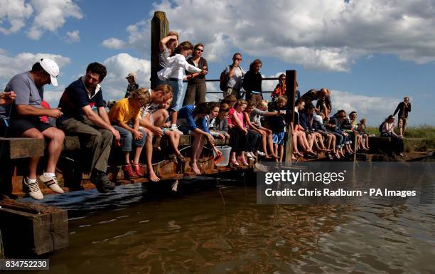 Competitor taking part in the annual British Crabbing Championships at Walberswick, Suffolk.