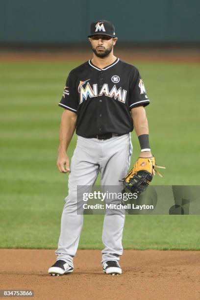 Mike Aviles of the Miami Marlins looks on during a baseball game against the Washington Nationals at Nationals Park on August 9, 2017 in Washington,...