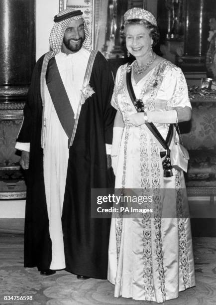 Sheikh Zayed bin Sultan Al-Nahayan with Queen Elizabeth II in the Music Room at Buckingham Palace. The President is on a four-day visit to Britain.