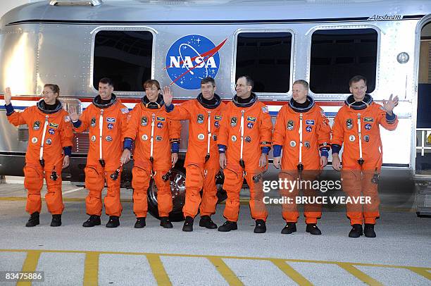 The US space Shuttle Endeavour's crew Sandra Magnus, Shawn Kimbrough, Heide Piper, Steve Bowan, Donald Petit, Pilot Eric Boe and Commander Chris...