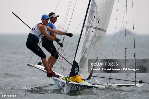 Ukraine's Rodion Luka and Georgii Leonchuk during the Men's 49er Opening Series at the 2008 Beijing Olympic Games' Sailing Centre in Qingdao, China.