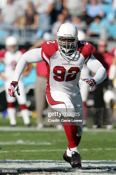 Arizona Cardinals defensive end Bertrand Berry in pursuit during a game against the Carolina Panthers at Bank of America Stadium on October 26, 2008...