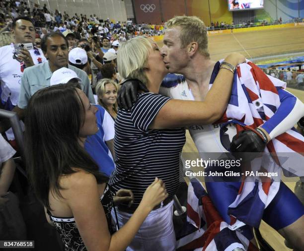 Great Britain's Chris Hoy kisses his mum, Carol, after winning the Gold Medal in the Men's Sprint Final at in he Laoshan Velodrome at the 2008...